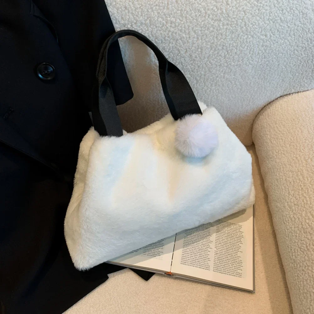 Plush Underarm Bag Solid Color Top-handle Handbag Trendy with Hairball Soft Large Capacity for Autumn and Winter for Travel Work