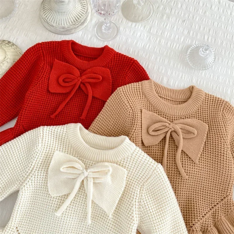 Spring Autumn Children Sweater Versatile Lotus Leaf Skirt Long Sleeved Bow Girls Sweaters Winter Korean Newborn Baby Knitted Top image 3