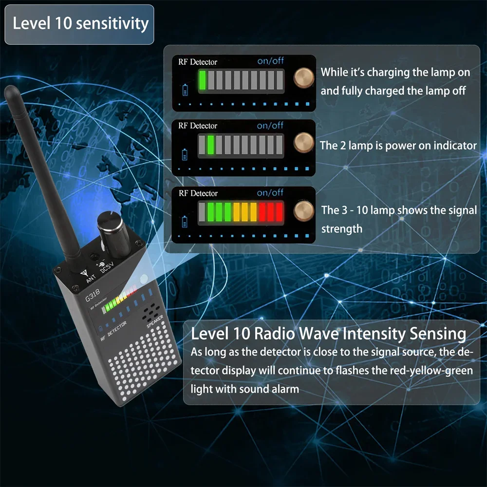 Detector de señal RF inalámbrico antiespía G319, buscador de dispositivos de Audio GSM, rastreador GPS, detección de Radio, escáner de cámara antiespía G318