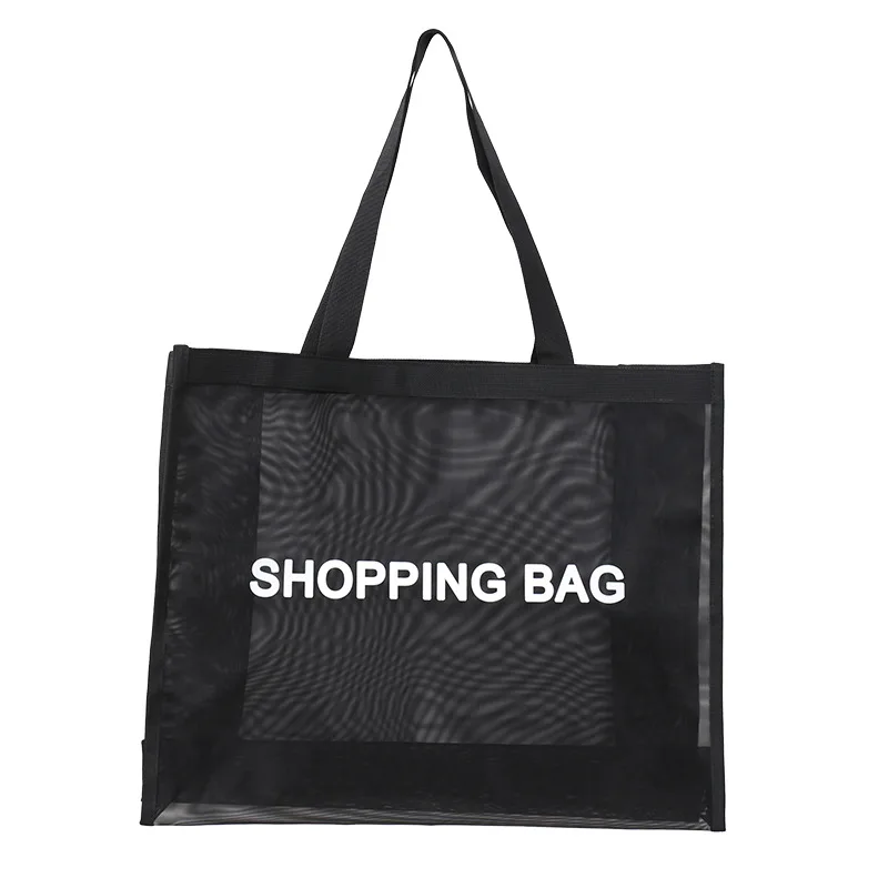 Bolsa de compras de malha transparente preta para mulheres, grande capacidade, nylon, shopping, praia, fitness, ioga, bolsa de ombro, organizador