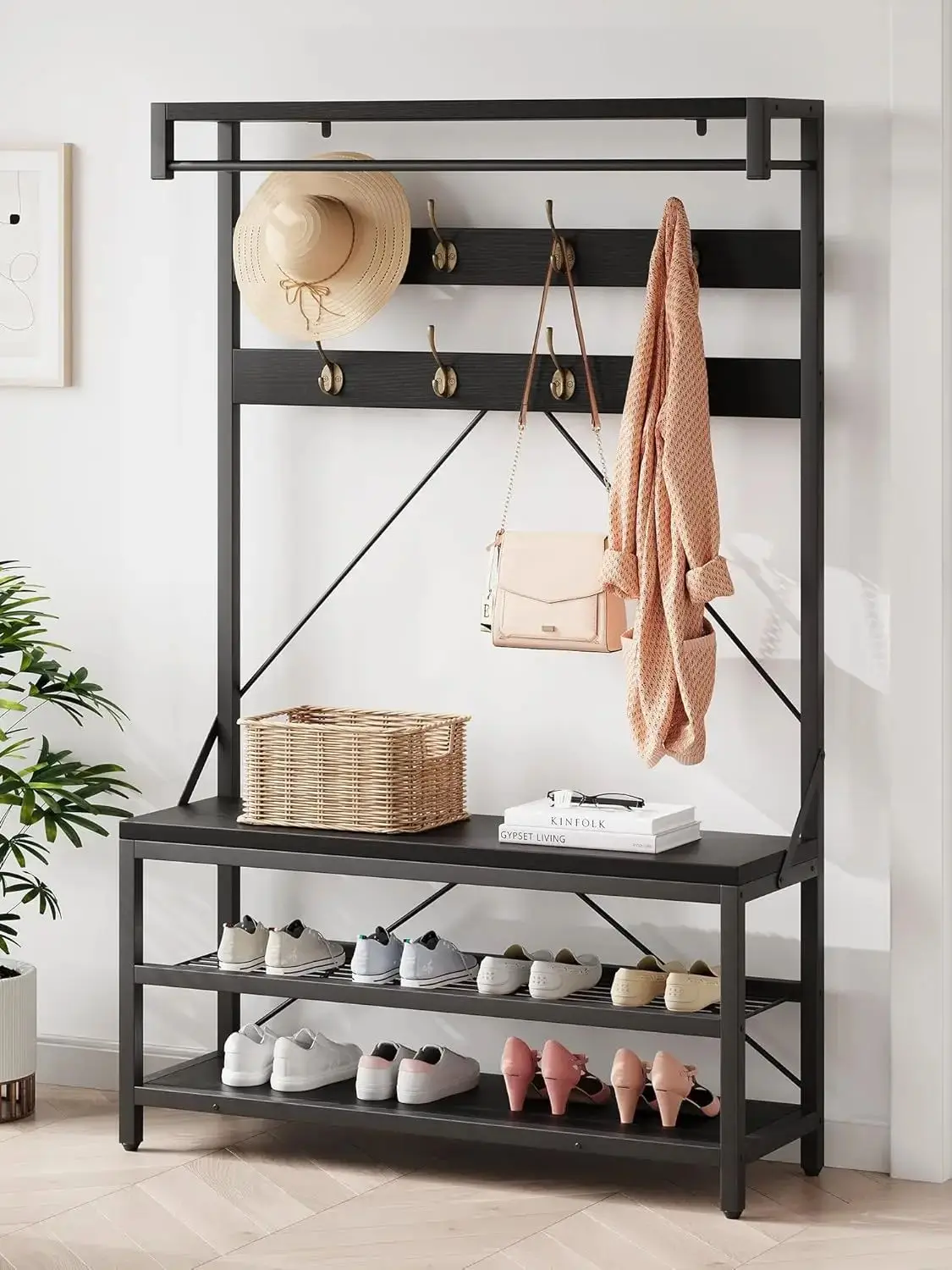 Industrial Coat Rack With Shoe Bench Freestanding Clothes Stand With Storage Shelves 8 Hooks Wood-Look Metal Frame 101x40x182 cm