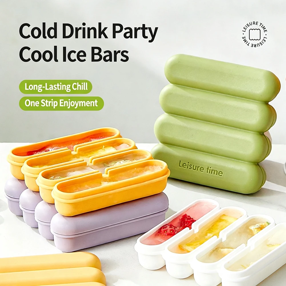 4 Grids Silicone Ice Cubes Trays,Summer Long Strip Ice Cubes Mold,Easy Release Silicone Ice Mold With Lid For Water Bottles