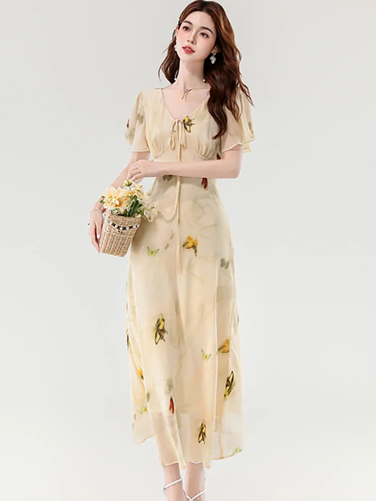 Abito lungo causale in chiffon floreale Boho da donna Abito estivo con maniche a farfalla Chic con fiocco con scollo a V 2025 Abiti eleganti coreani di un pezzo