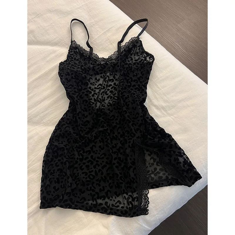 Women Sexy Leopard Print Spaghetti Strap Nightdress Summer Lace Trim Split Hem Night Dress Spaghetti Strap Home Sleep Dress