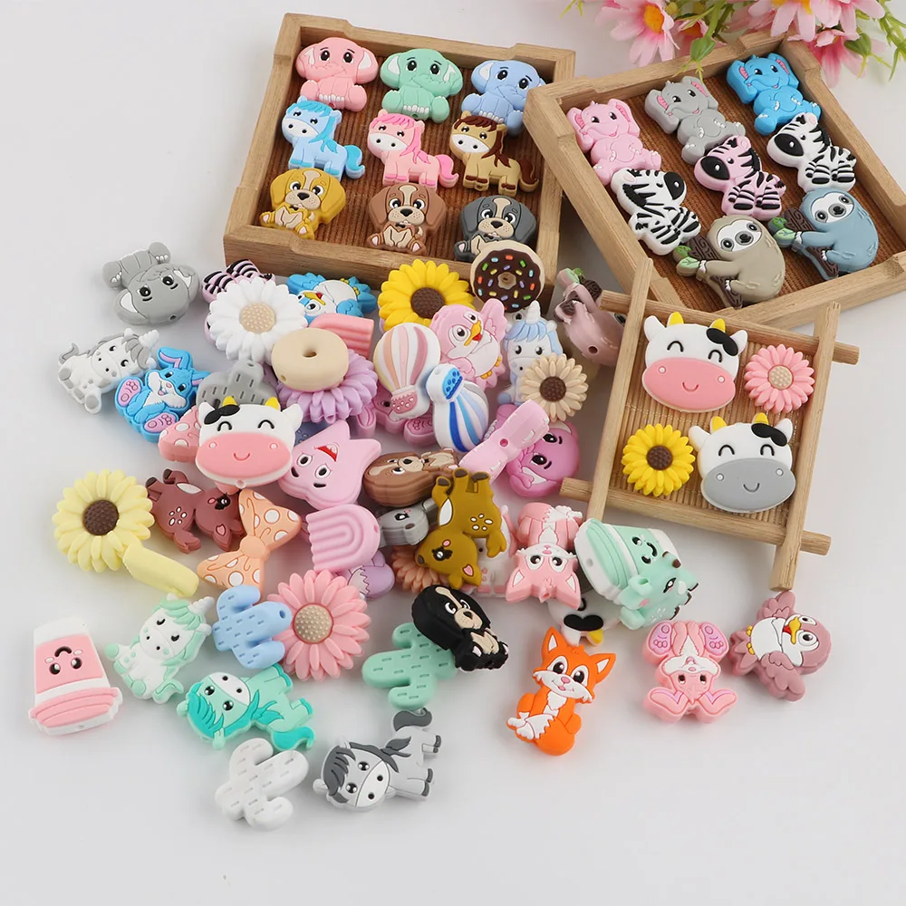 10Pcs Cartoon Animal Silicone Beads Horse Elephant Food Grade For Jewelry Making DIY Pacifier Chain Accessories Baby Toys