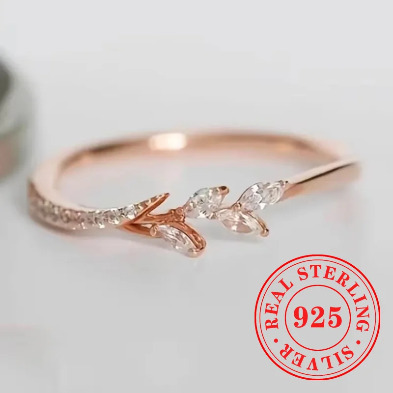 Huitan Rose Gold Color Leaf Ring for Women 925 Sterling Silver Accessories with Bright Zirconia Delicate Jewelry for Daily Life