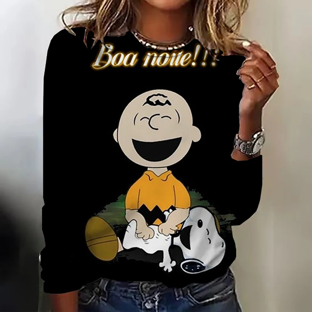 سنوبي مطبوعة خمر المرأة تي شيرت الخريف قميص قطني بكم طويل تي شيرت بلايز مصمم عادية فضفاض س الرقبة النساء الملابس