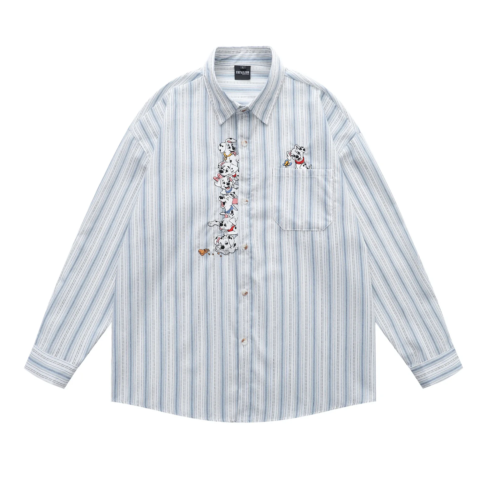 

American Retro Fun Dog Embroidery Striped Long Sleeve Shirt Men Autumn Versatile Loose