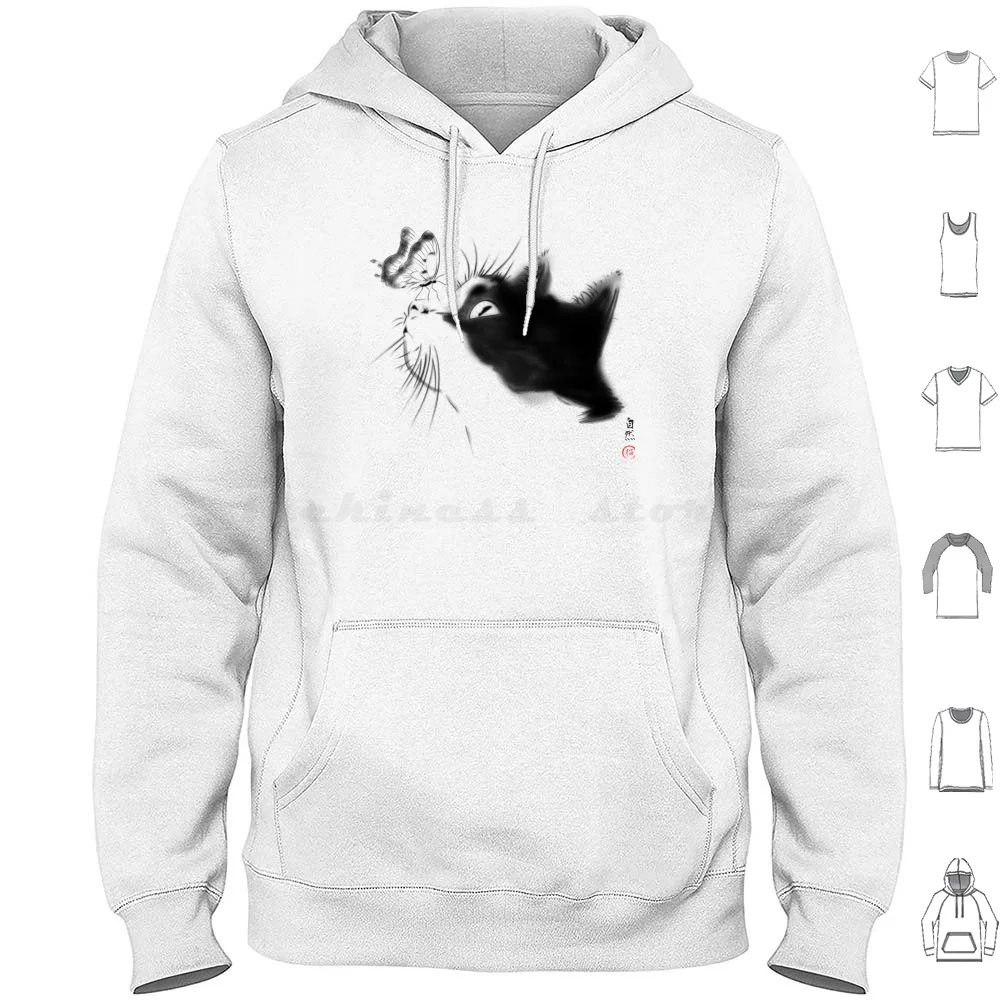 Curious Cat Hoodies Long Sleeve Cat Kitty Japan Japanese Sumi E Animal Animals Nature