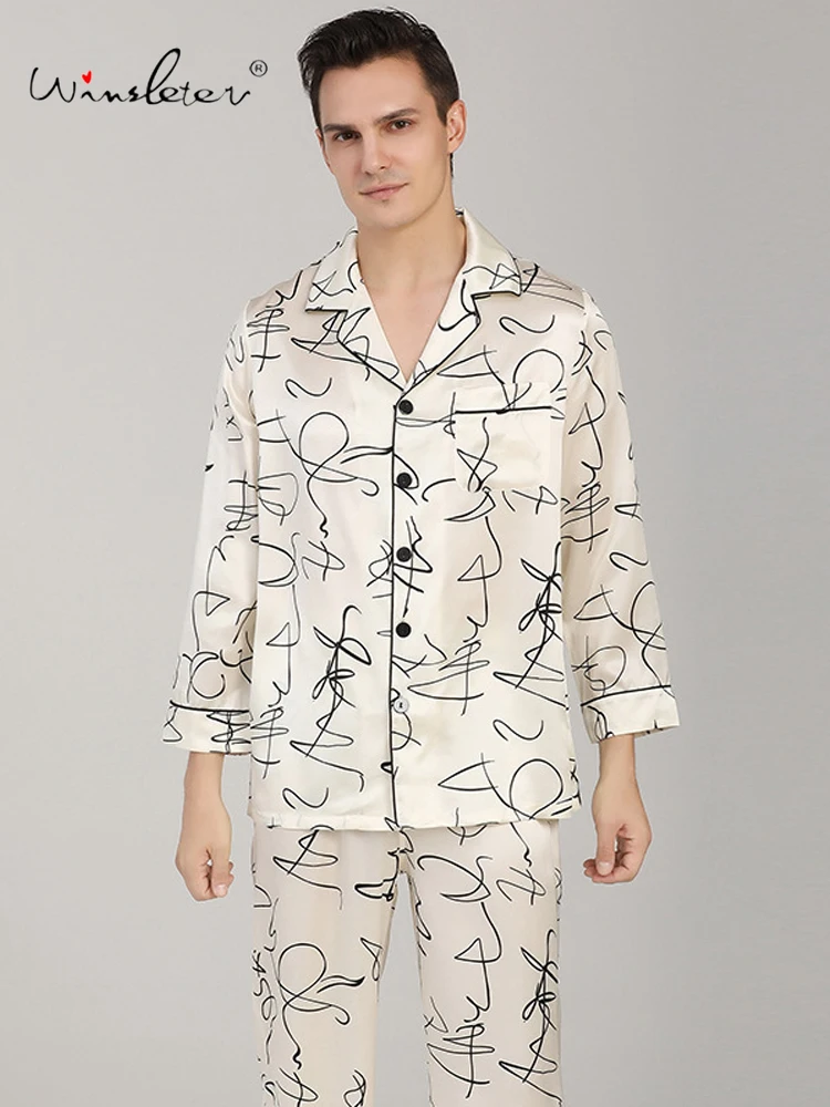 Winsleter, 19MM 100%Real Silk Men Pajama Set, Print Long Sleeve, Comfortable Luxurious Sleep Homewear,2025 Spring New S4D010CC