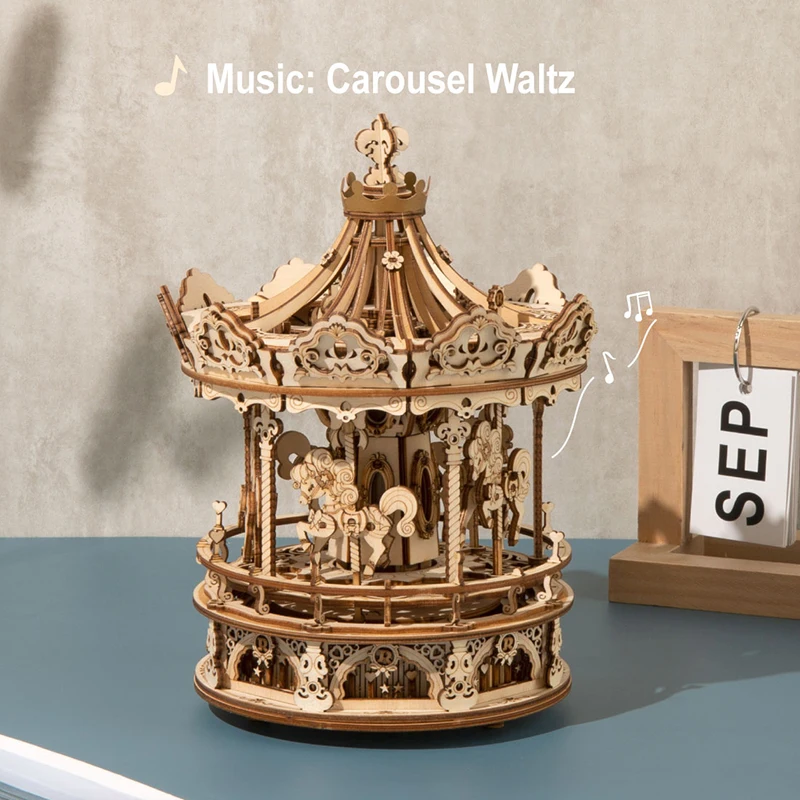 3D Wooden Puzzles Construction Model Kit to Build DIY Music Box Building Kits Rotating Merry-Go-Round (Romantic Carousel)