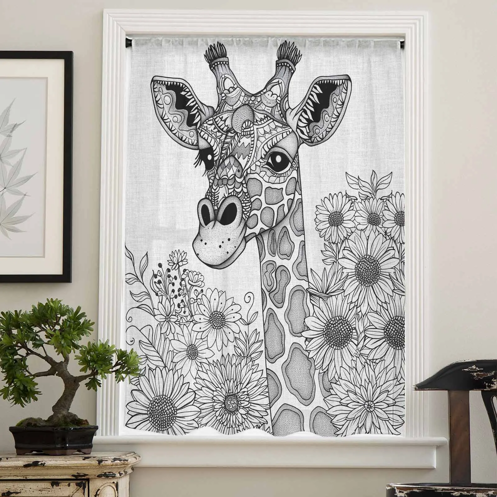 Giraffe Thread Sunflower Chiffon Sheer Curtains for Living Room Bedroom Home Decoration Window Voile Tulle Curtain Drapes