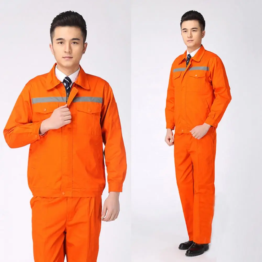 Men Working Coveralls Reflective Turndown Collar Jacket Pants Set Dirt Resistant Lapel Pockets Repairmen Workshop Clothes