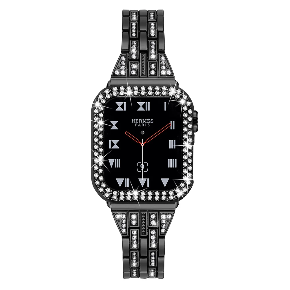 Women's Diamond Case + Strap For Apple Watch Band 45mm 41 44 40 38 42mm Metal Bracelet Protective Cover iWatch Series9 7 6 SE 8