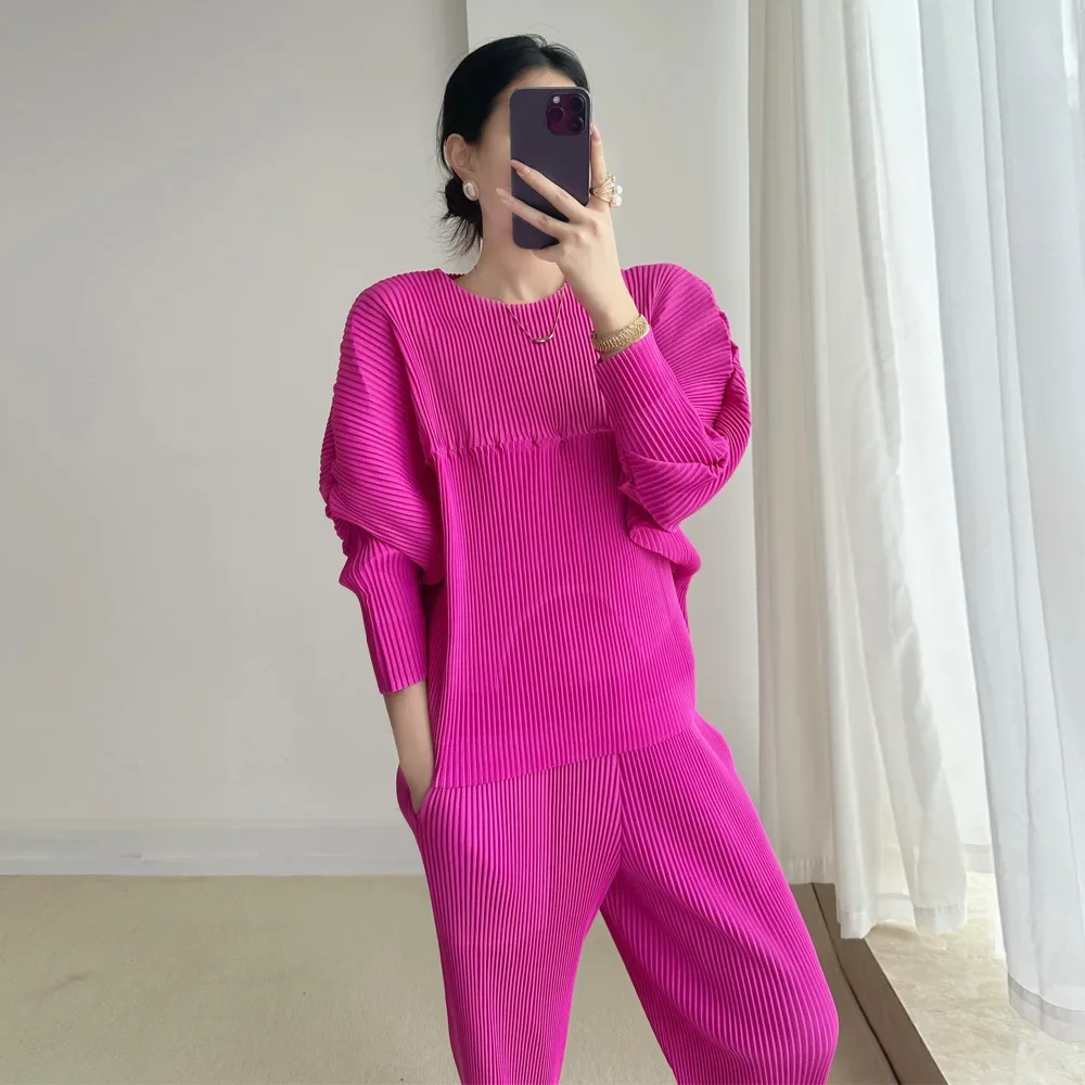 Pleats Pleated Long Pants Set Fall Casual Slim Senior Sense Set Bat Sleeve Long Sleeve Top Loose Pants Two-piece Set Clothing