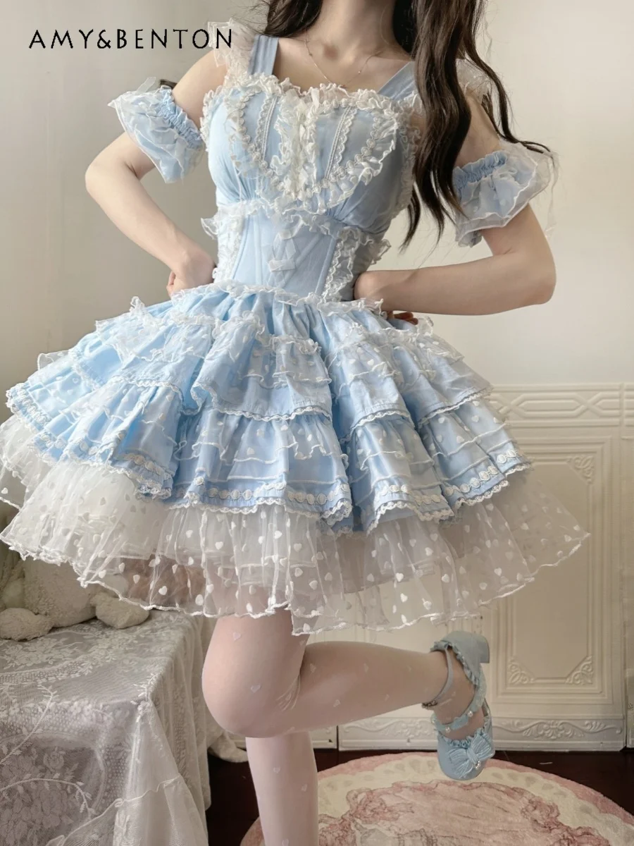 

High End Temperament Sweet Lolita Girl OP Dress Cute Love Mesh Ruffle Splicing Princess Tutu Dress for Women Y2K Evening Dresses