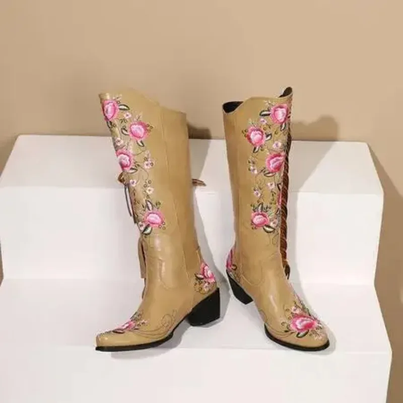 Cowboy Boots for Women Fringe Embroidery Flower Sweet Western Boots Cowgirls Roman Block High Heeled Shoes Autumn 2025