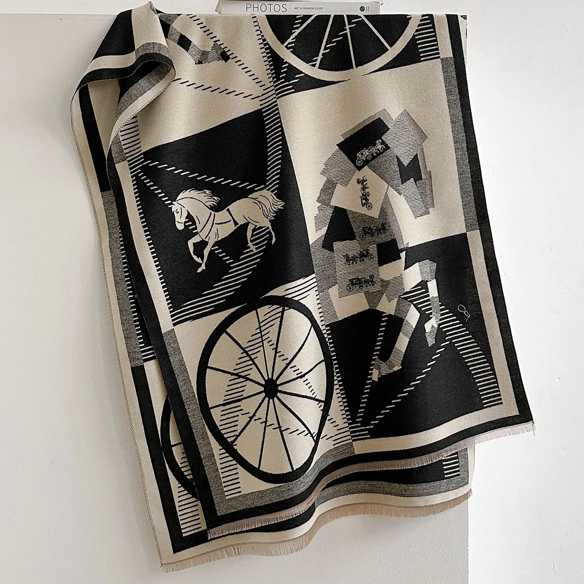 Women's Warm Jacquard Cashmere Shawl New Geometry Steed Wheel Art Painting Autumn Winter Scarf Blanket Stylish Fashion Accessory