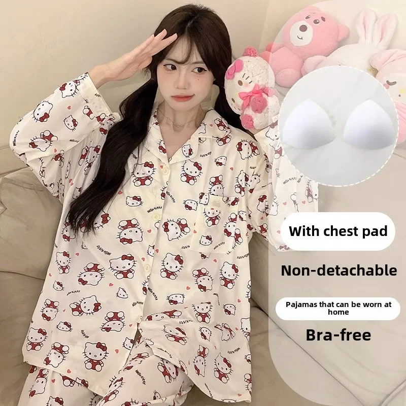 Cartoon Sanrio loungewear women's pajamas autumn cotton long-sleeved trousers casual two-piece set HelloKitty silk pajamas women