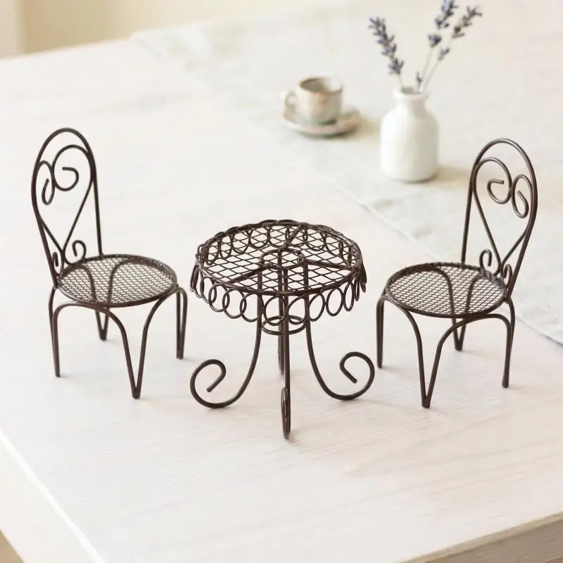 1/3Pcs Dollhouse Garden Display Ornament Prop Accessory Miniature Table Chair Model Tiny Home Decor Iron Furniture
