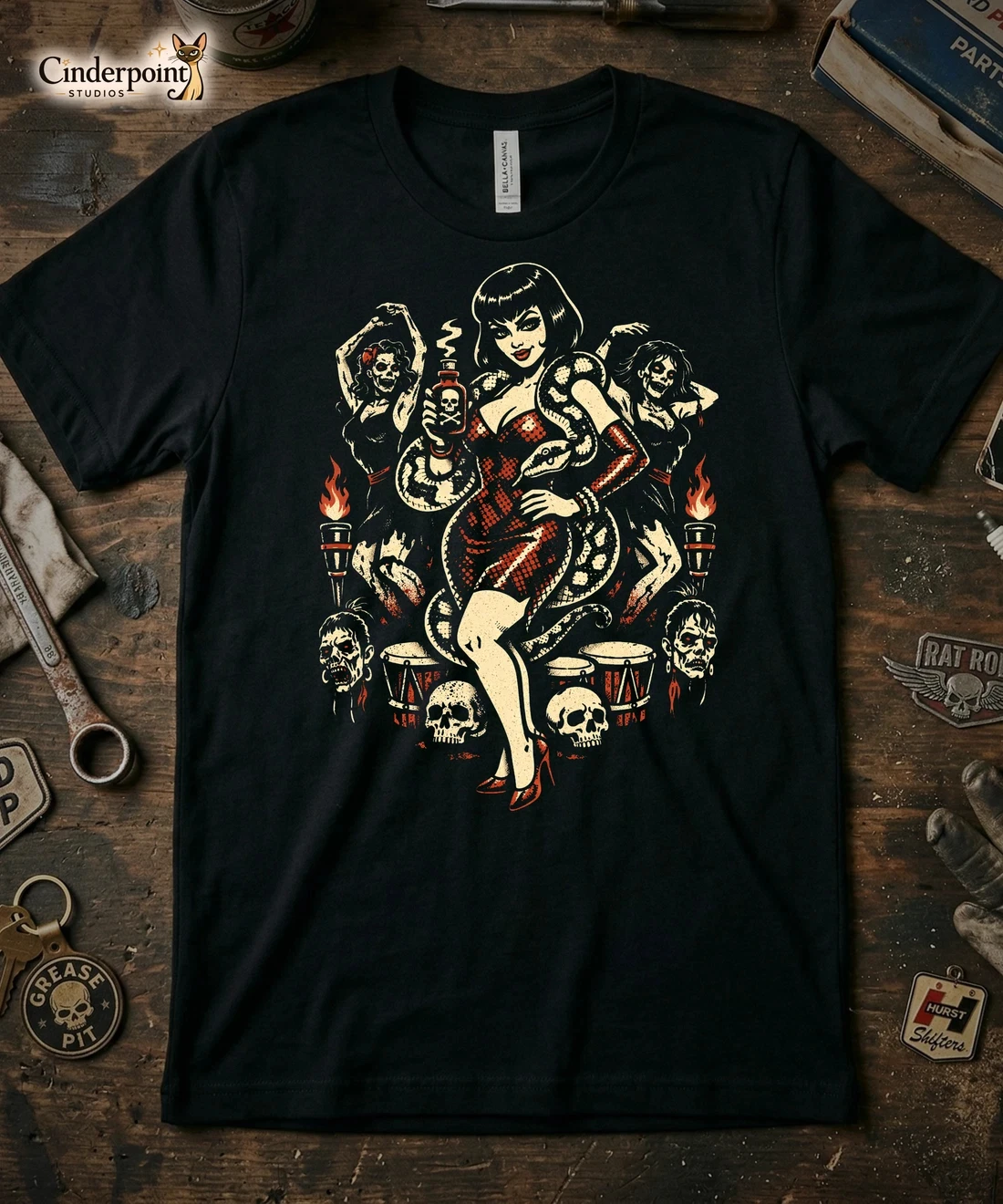 Voodoo Witch and Zombie Dancer T-shirt Retro Gothic Girl and Poison Printed T-shirt for Men and Women Casual Street Fashion
