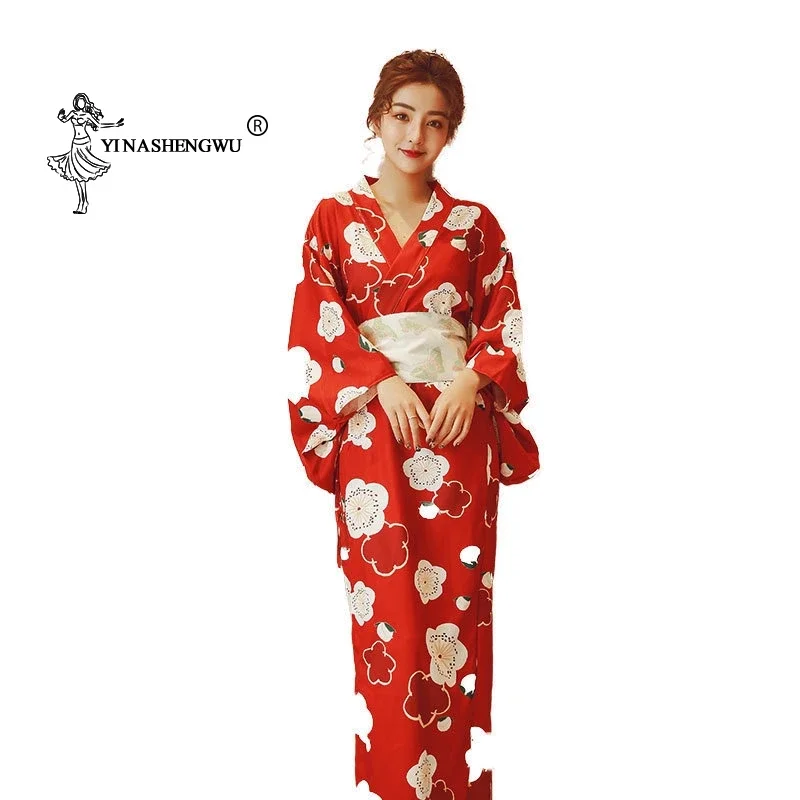 Gaun Kimono merah untuk wanita, gaun Kimono motif tradisional Yukata, mantel gaya nasional Jepang, pakaian Asia seksi, kostum Cosplay