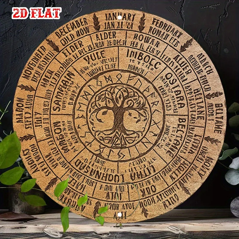 Wooden Sign Celtic Tree of Life Yule Wheel Vintage Pagan Sabbats Months Metal Tin Wall Art, Wiccan Witchcraft Decor, Norse Mytho
