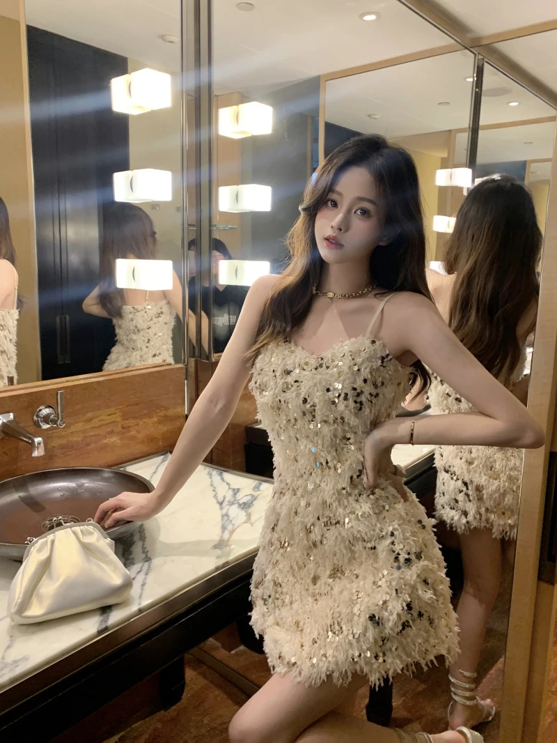 Sexy Strap Dress Women's Spring New High-End Slim Fit Pure Desire Short Skirt Korean Style Bright Thread High Waist A-Line Dress