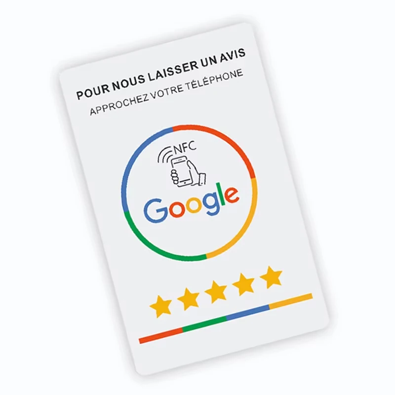 Hochwertige NFC-Karte für Google-Bewertungen in deutscher, niederländischer, französischer, spanischer, englischer und polnischer Sprache.
