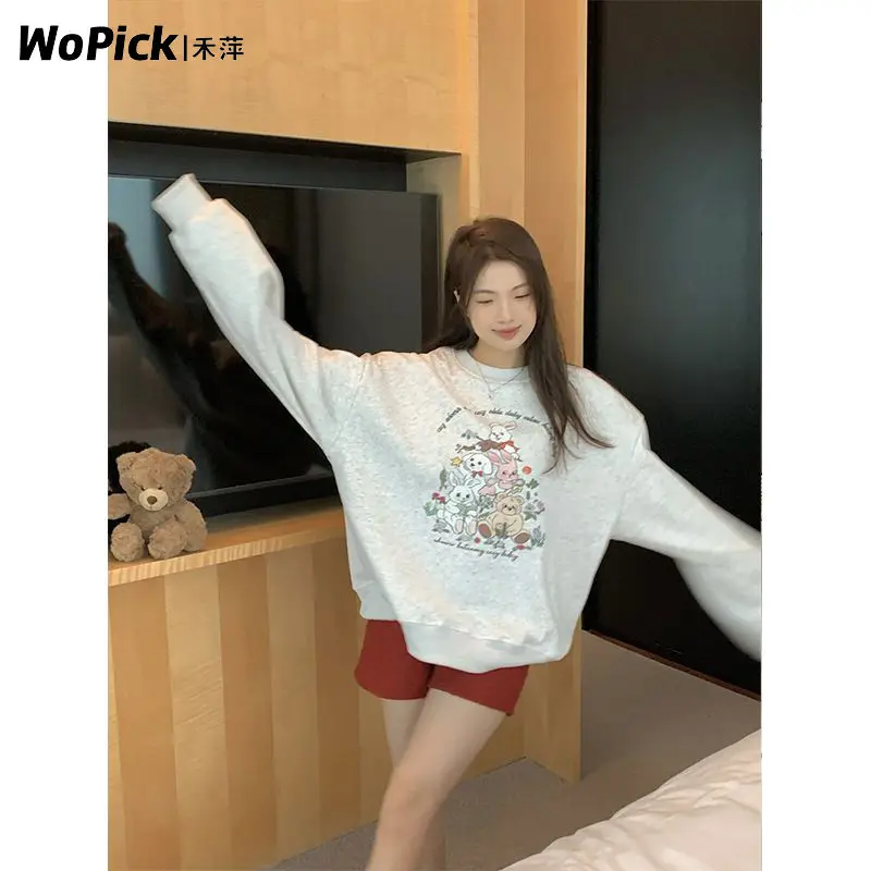 American Thick Velvet Winter Sweatshirt Women Girls Lovely Cute Rabbit Anime Hoodie O-neck Oversized Gray Y2K Top Kawaii Clothes