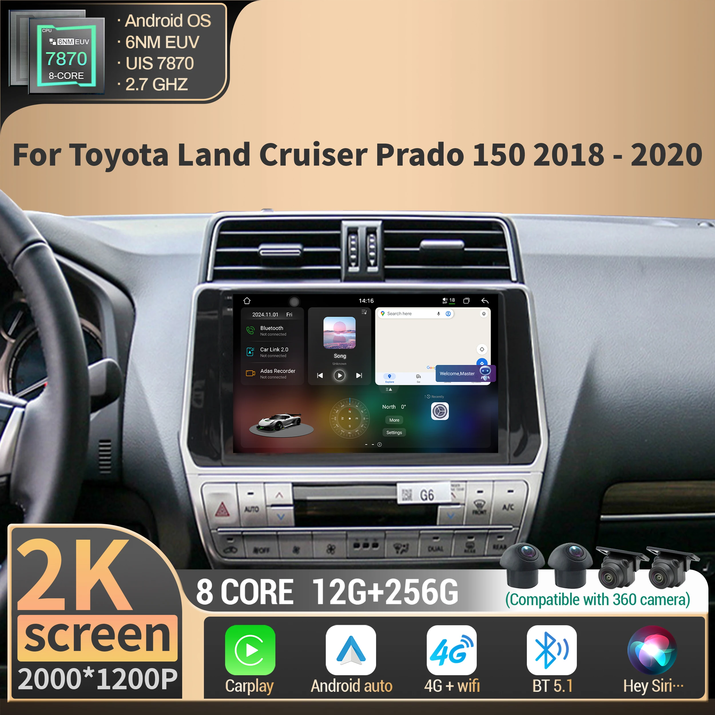 

Car Radio Multimedia For Toyota Land Cruiser Prado 150 2018-2020 Android Wireless BT Carplay 4G GPS CPU 7870 2K QLED Screen