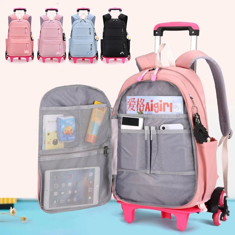Children School Backpack with Wheels Teenager Girls Trolley School Bags Kids Rolling Backpack on Wheels Student Travel Luggage