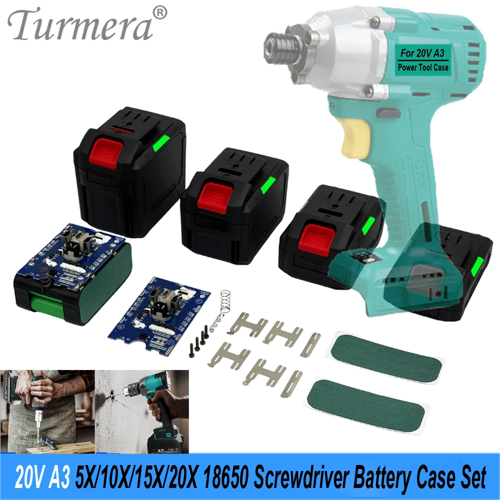 Turmera 20V A3 Screwdriver Battery Case Set 5X 10X 15X 20X 18650 Cores 35A Max.130A BMS LED Displayer DIY 18V 21V Battery Pack