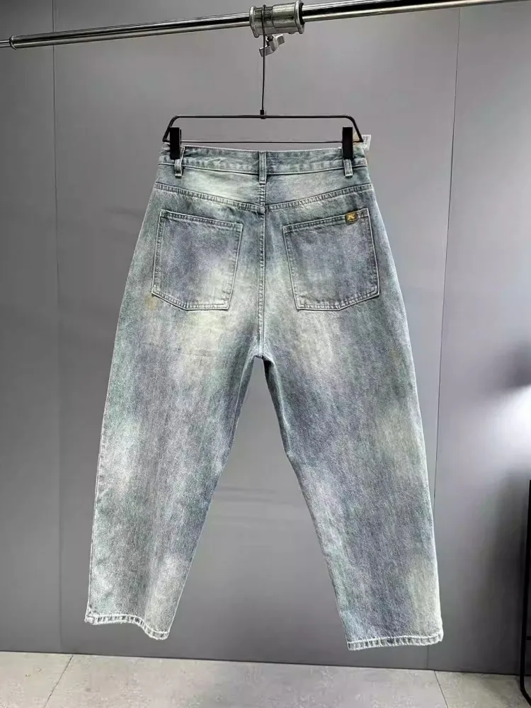 Vintage Mens Jeans Light Blue Spring Summer Loose Fit Design Straight Casual Denim Pants Hip Hop Hole Ripped Harem Pants Male