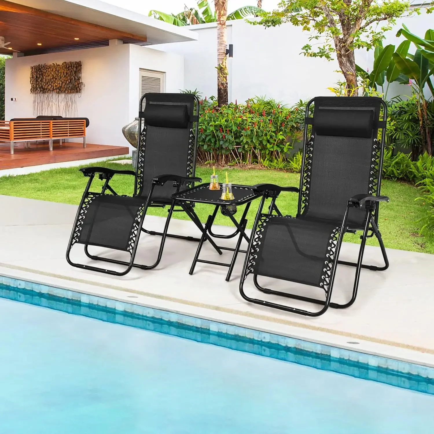 Zero Gravity Chairs Set of 2,3 PCS Folding Lawn Chair Set with Side Table Cup Holders Adjustable Headrest,Reclining Patio Chairs