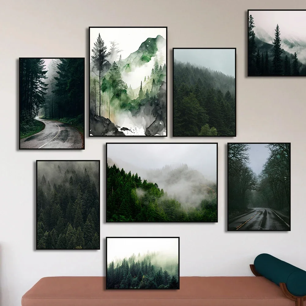 Foggy Mountain Misty Forest Pine Sage Green Wall Art Canvas Painting Nordic Poster and Prints Wall Picture for Living Room Decor