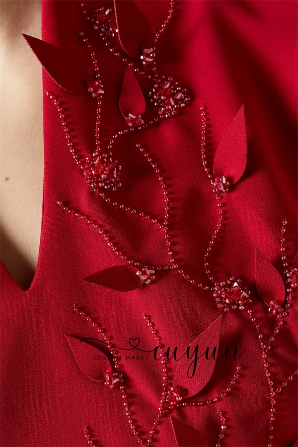 CUYUN – robe de soirée personnalisée, ornée de perles rouges, col en v, manches longues, modeste, élégante, longue robe formelle, vêtements d'invité pour fête de mariage