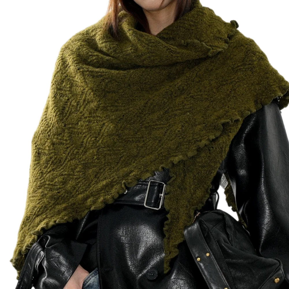 Solid Wool Knitted Scarf for Women Temperament Lace Triangular Scarves Accesorios Mujer Breathable Hollow Out Outerwear Shawl