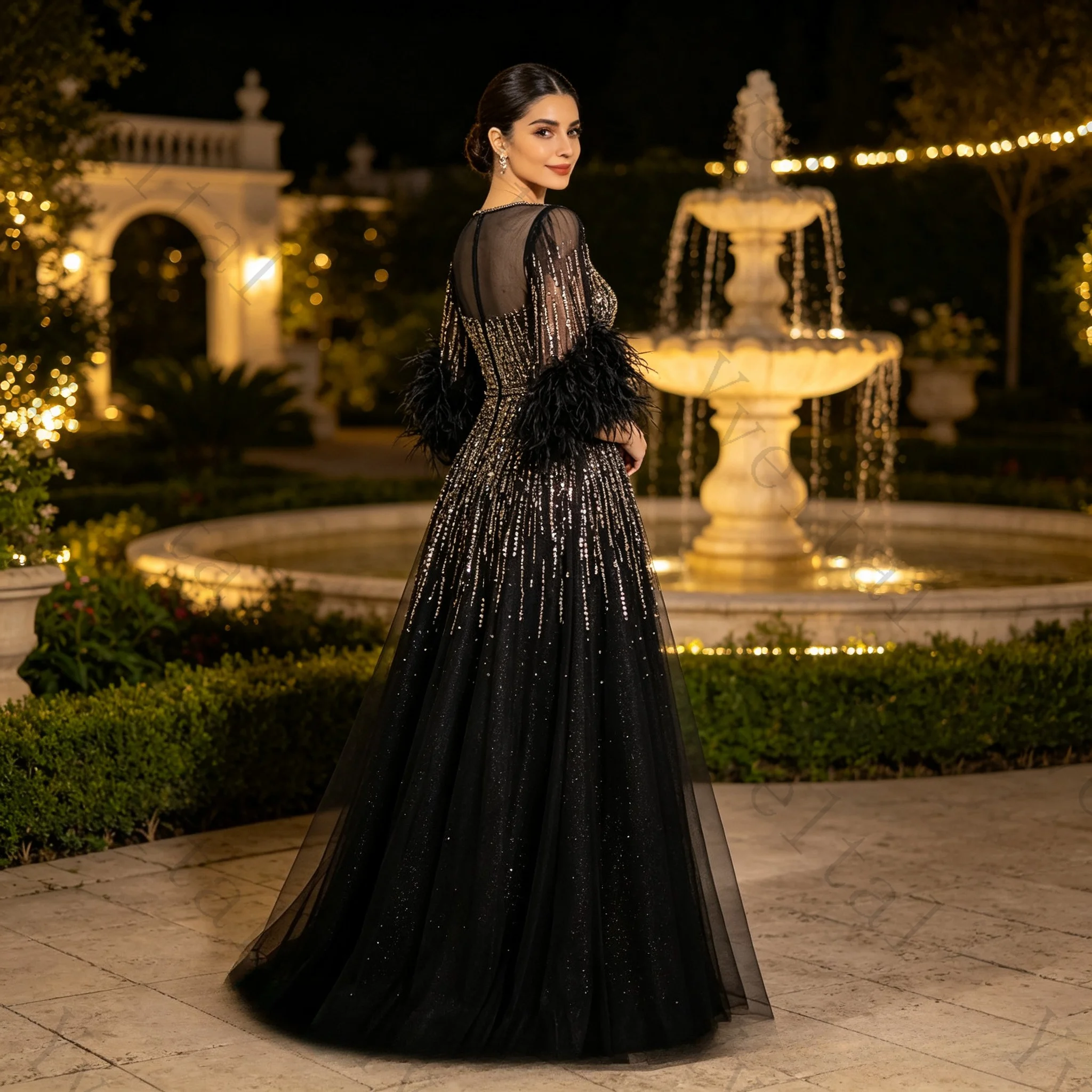 Customized Black Feather Evening Gown Half Sleeve Sequined Tulle A‑Line Dress for Dubai Wedding Party Gala Formal Evening Events