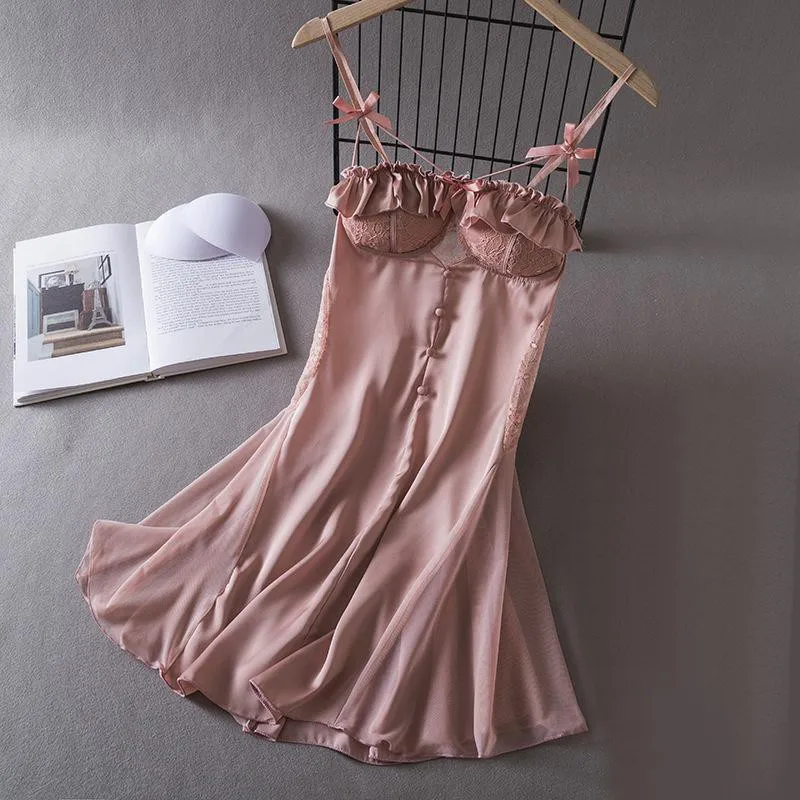 Sexy Lace Suspender Nightgown New Summer Women Nightdress Dressing Gown Lingerie Casual Silky Satin Robe Home Wear Loungewear