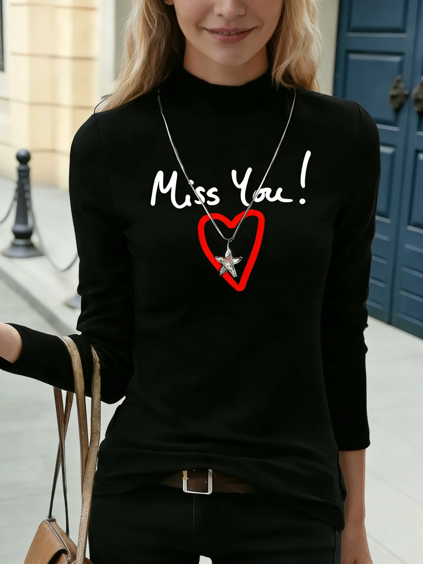 

Женская футболка с длинным рукавом и воротником «Мисс Ты!» Повседневная блузка с принтом красного сердца, модная повседневная футболка, мягкий теплый топ на весну и осень