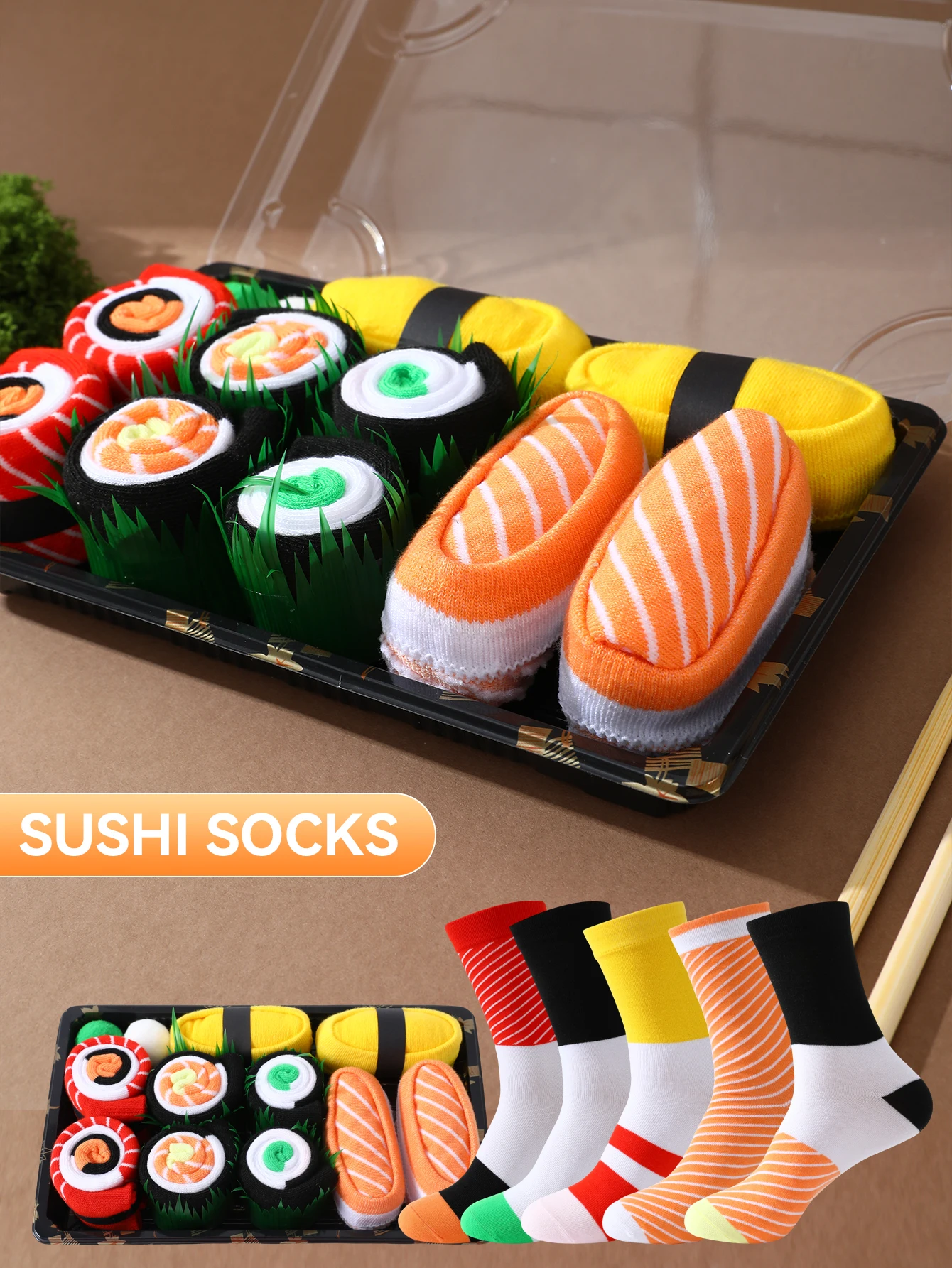 5 pairs of fashionable, unique and interesting sushi personalized patterns,men\'s and women\'s gift socks suitable for all seasons