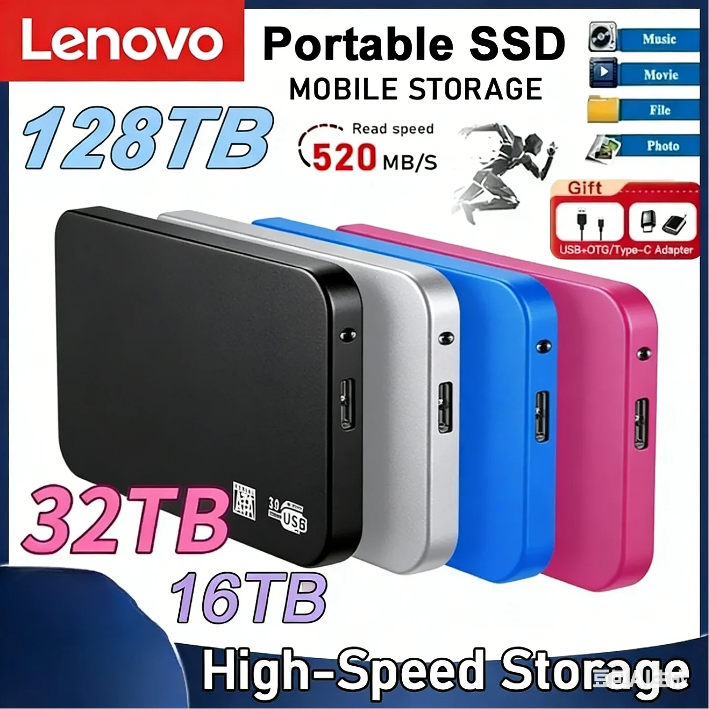 

Lenovo 128TB High-speed SSD USB 3.0 Enclosure Mobile Hard Drive Cases for SSD External Storage HDD Box With USB3.0 Cable ABS