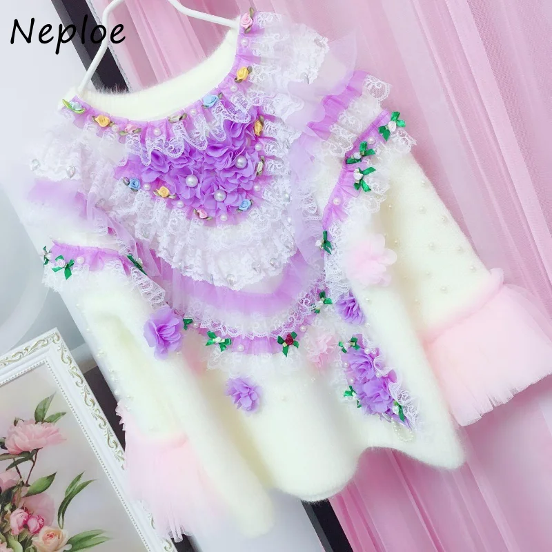 Neploe O Neck Beading Lace Patchwork Stereo Flower Jumpers Solid Color Long Sleeve Mesh Pull Femme Jersey Mujer Sweater Y2k