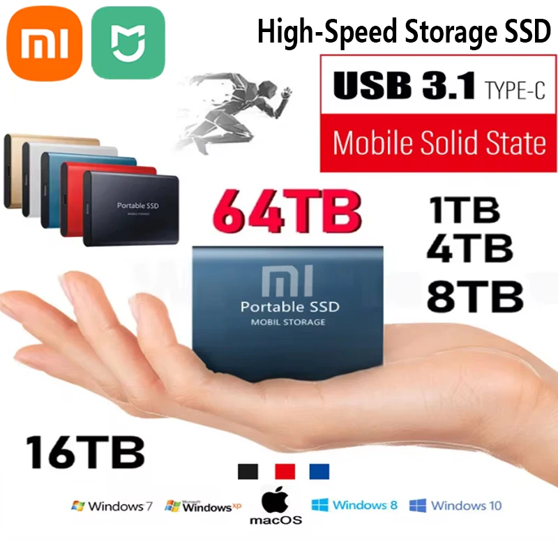 Xiaomi Mijia Original High-speed Portable SSD 2TB 8TB 16TB External Hard Drive Storage Type-C USB 3.1 Interface for PC Laptops