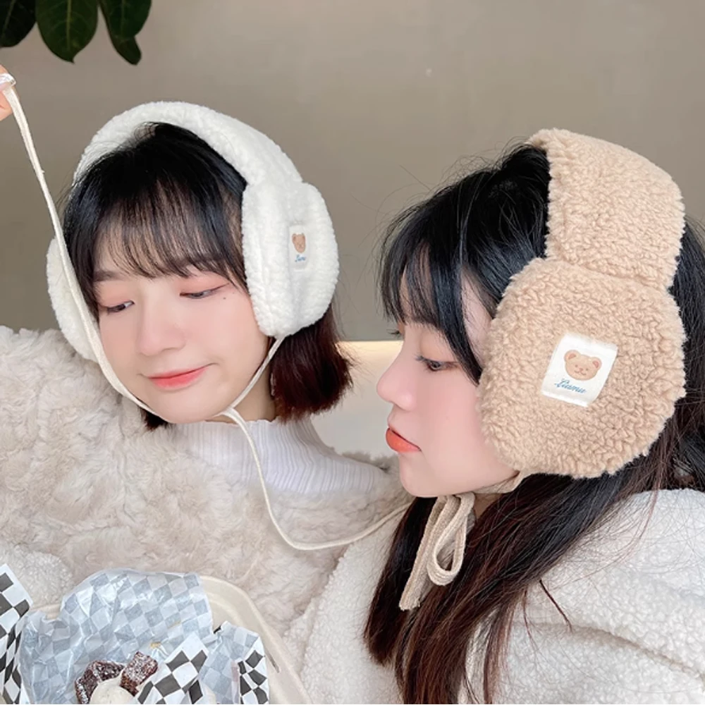 

Korean Style Women Plush Earmuff Winter Warm Ear Warmer Cute Bear Adults Kids Lace Up Earmuffs Ear Cover Girls Sweet Scarf