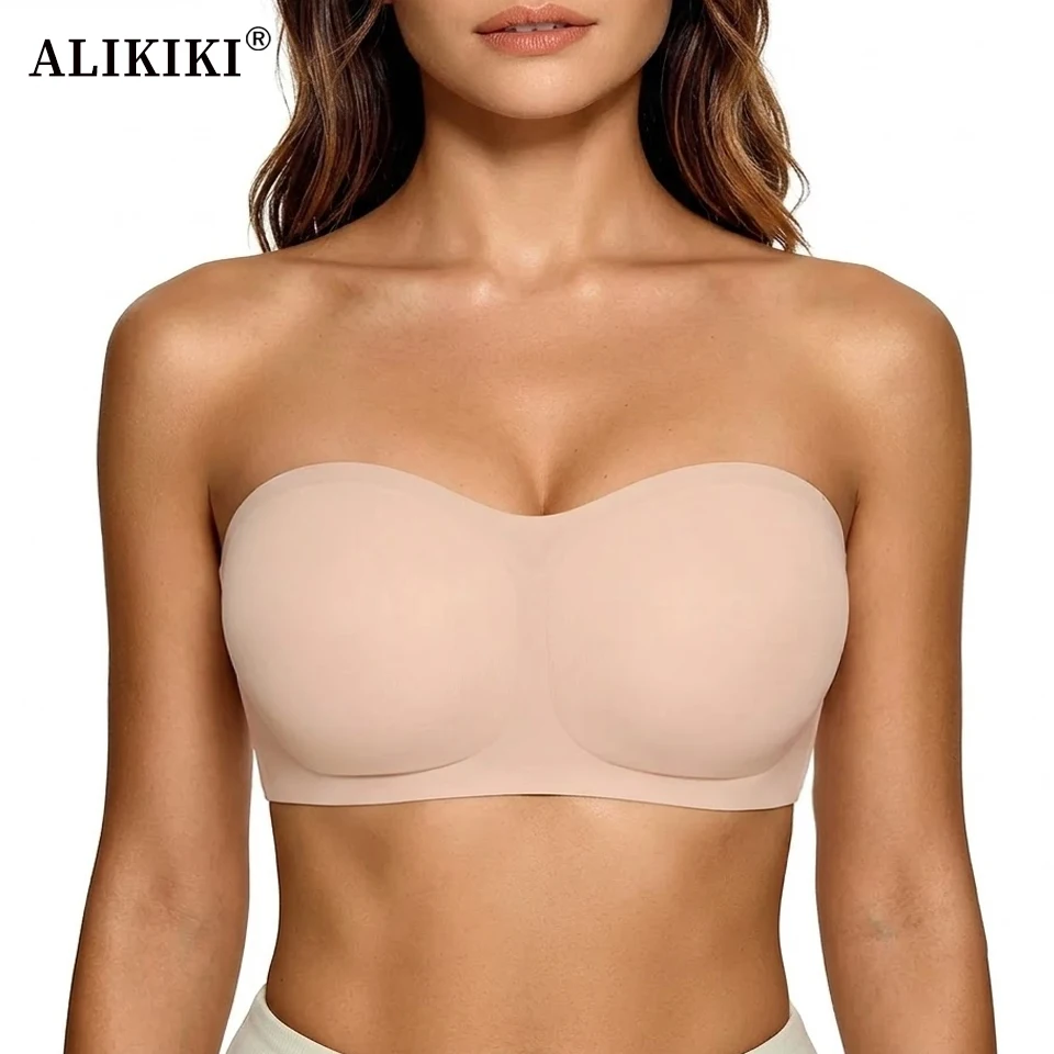 Womens Strapless Bras Jelly Push Up Bandeau Bra Non Slip Wireless Supportive Padded Bras Seamless Comfortable Tube Bra