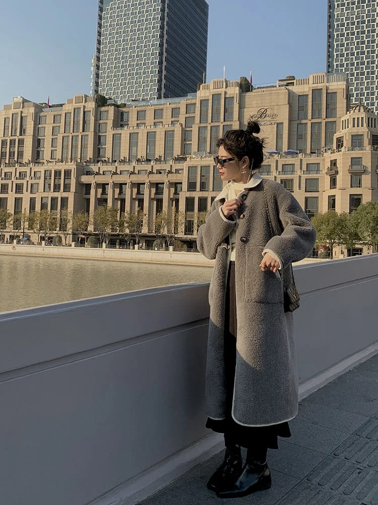 

Warm Lamb Fur Jaet Women's Autumn Winter Loose Faionable Full Wool Outerwear Single Button Korean Sle Long Sve Coat