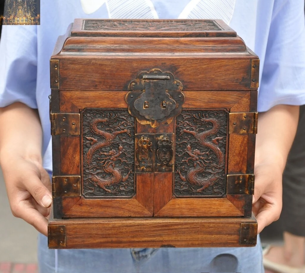 

Старый китайский династия Huanghuali, резная древесина, дракон, шкаф для хранения сокровищ