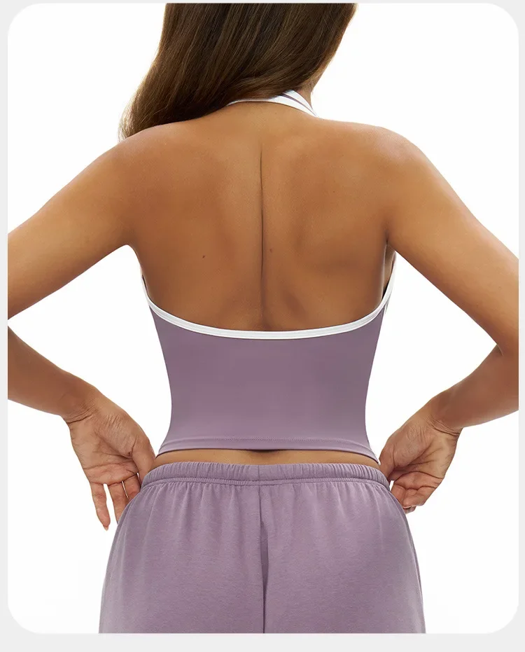 

Женский жилет для йоги с подвесной шеей, красивая спина, контрастный цвет, окантовка, облегающий топ для йоги, спортивный бюстгальтер для фитнеса на открытом воздухе, бега
